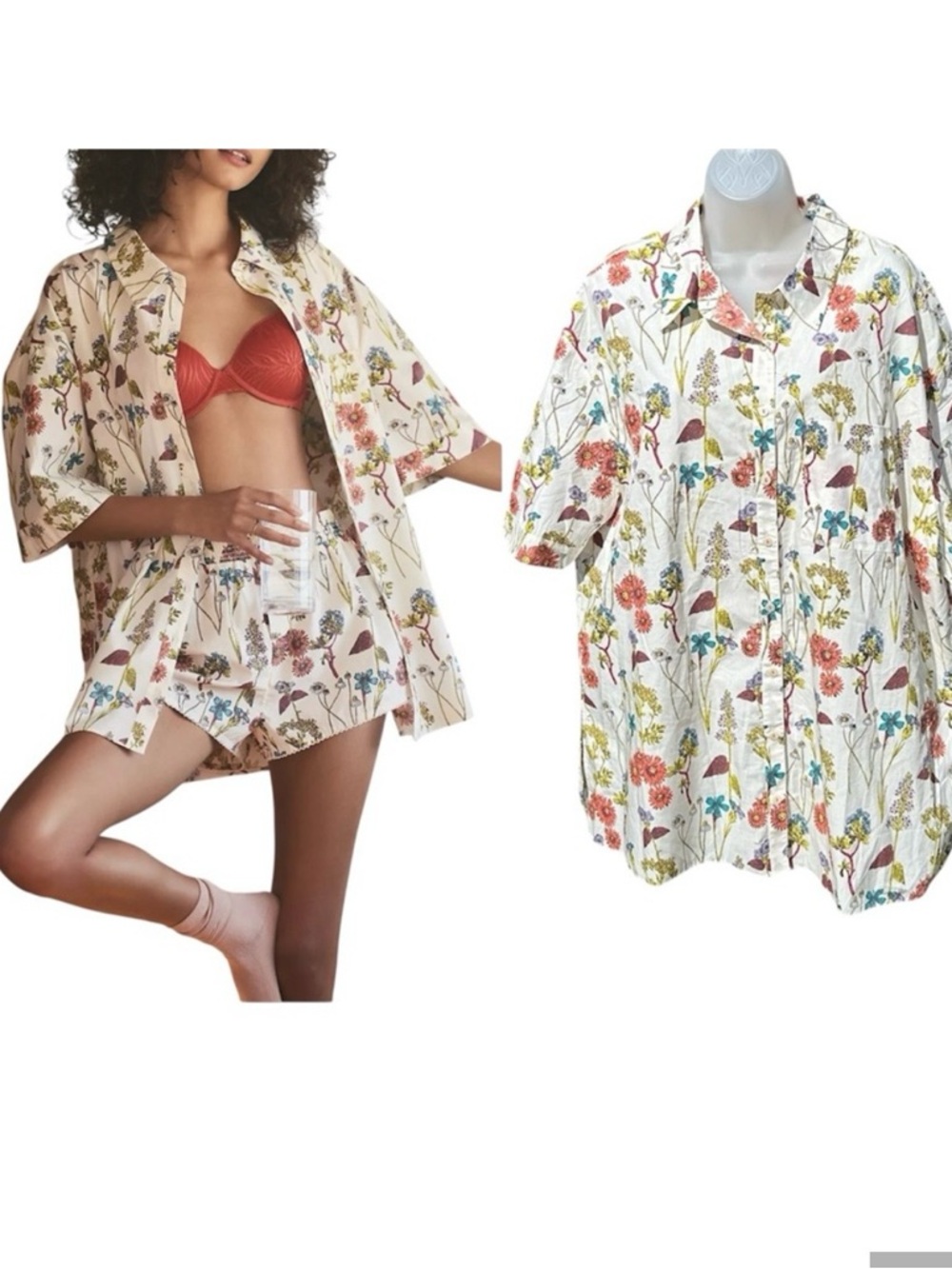 ANTHROPOLOGIE Women Sz L Cream Floral Flowers Oversized Cotton Button Pajama Top